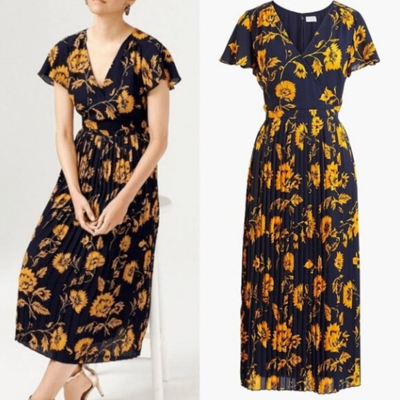 J. Crew Factory Dresses & Skirts - J. CREW Pleated Midi Wrap Dress Navy + Gold Floral Size 2